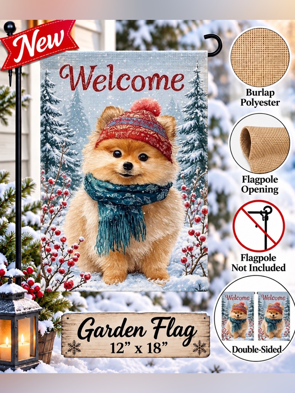 Garden flag, winter Pomeranian, dog, burlap polyester, double-sided, 12”x18”